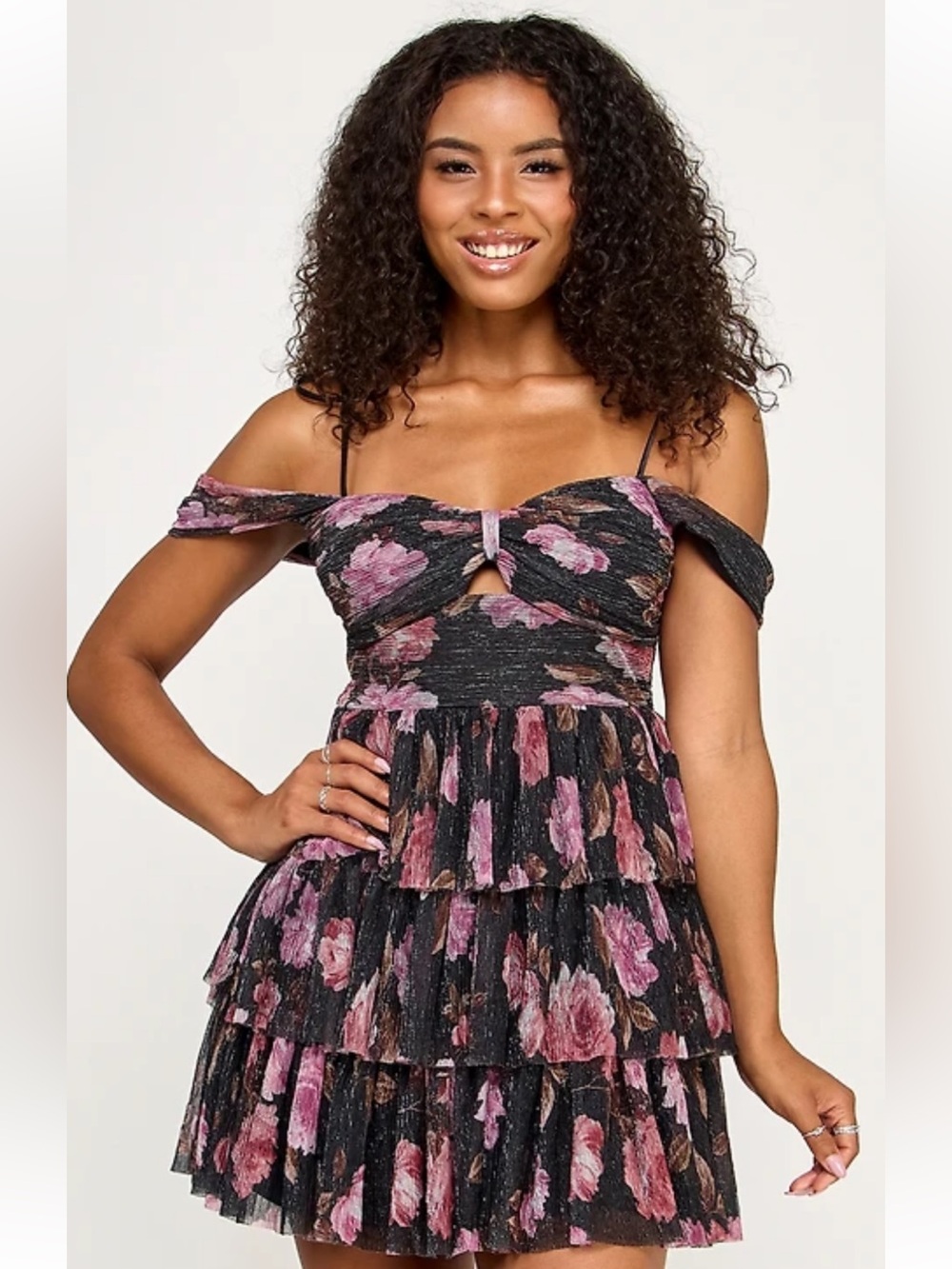 Emerald Sundae Black Floral Ruffle Mini Dress